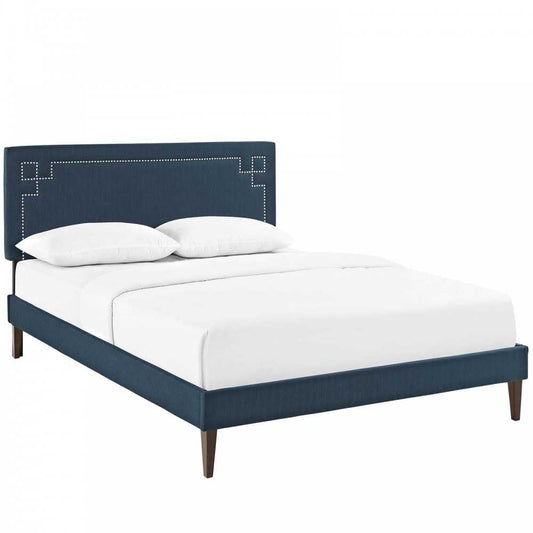 Ruthie King Fabric Platform Bed with Squared Tapered Legs, Azure