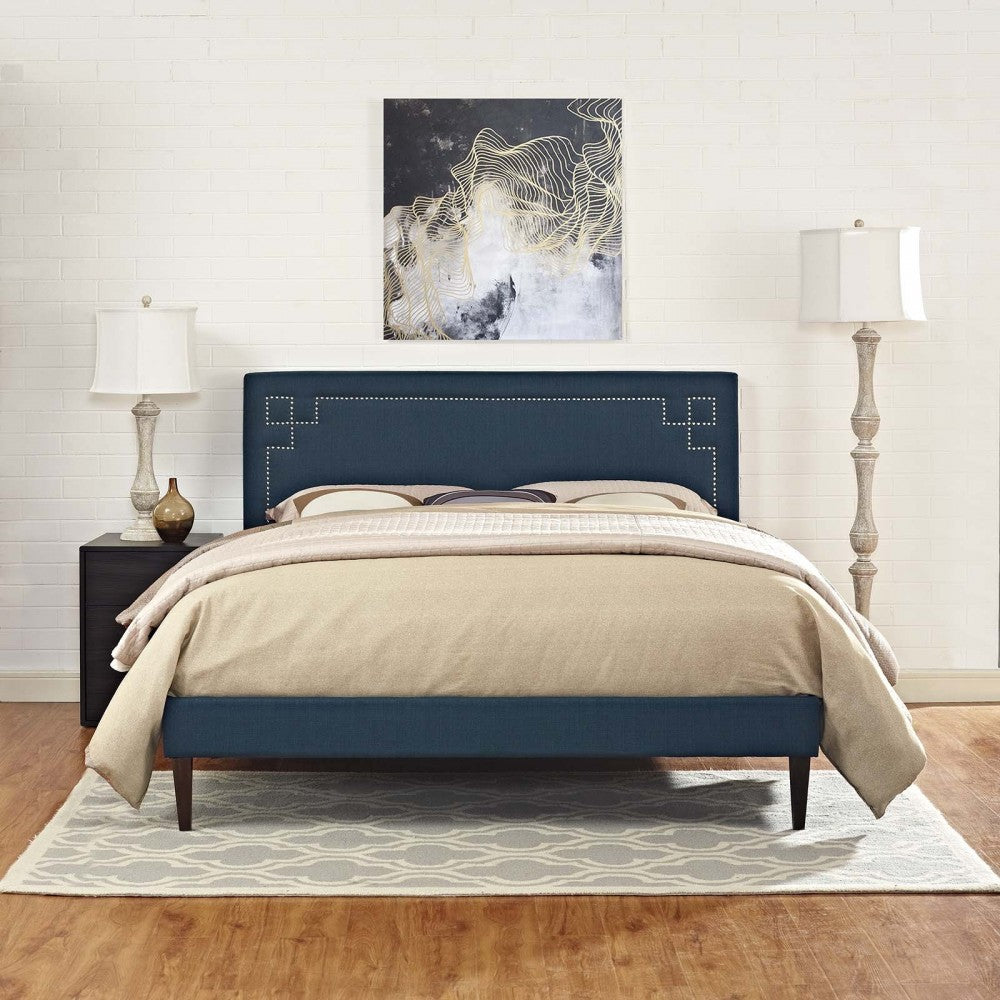 Ruthie King Fabric Platform Bed with Squared Tapered Legs, Azure