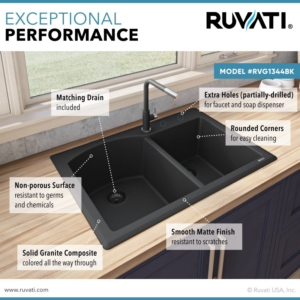 Ruvati 33 x 22 inch Dual Mount Kitchen Sink - Midnight Black
