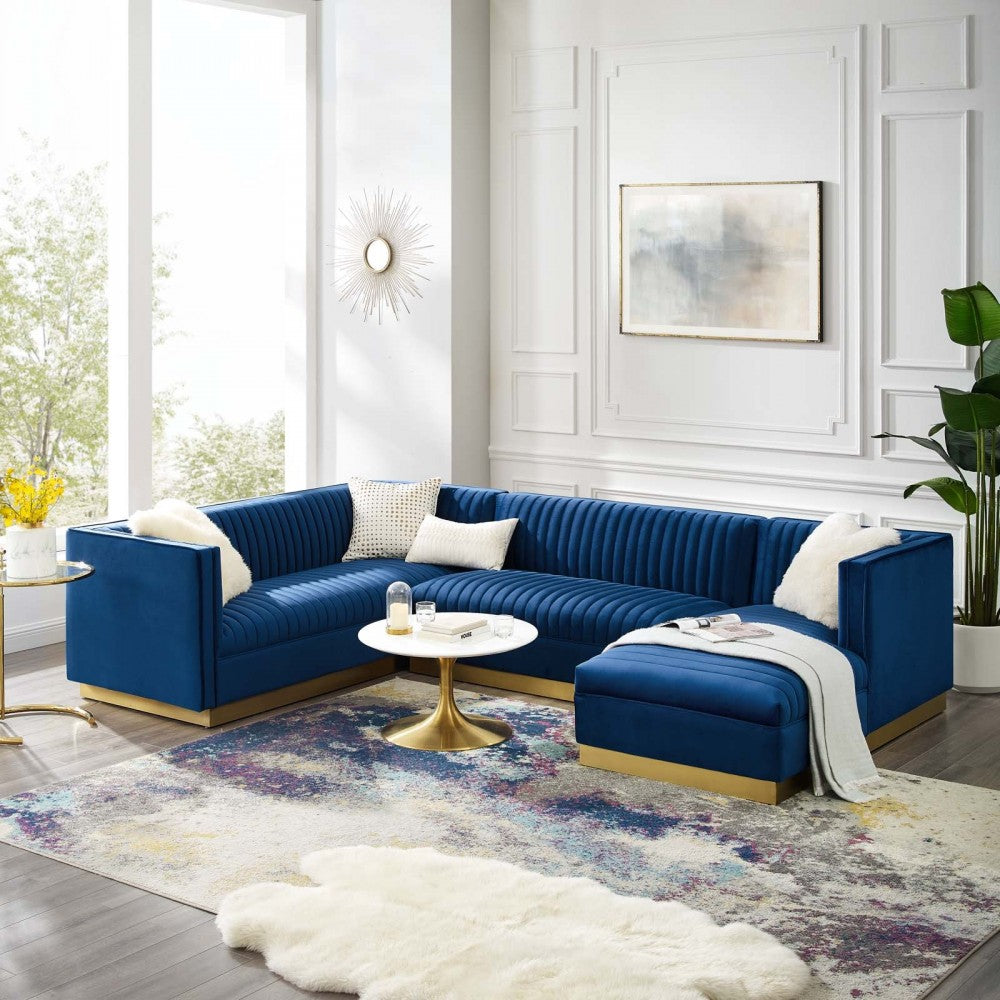 Sanguine 3 Piece Performance Velvet Sectional Sofa Set, Navy