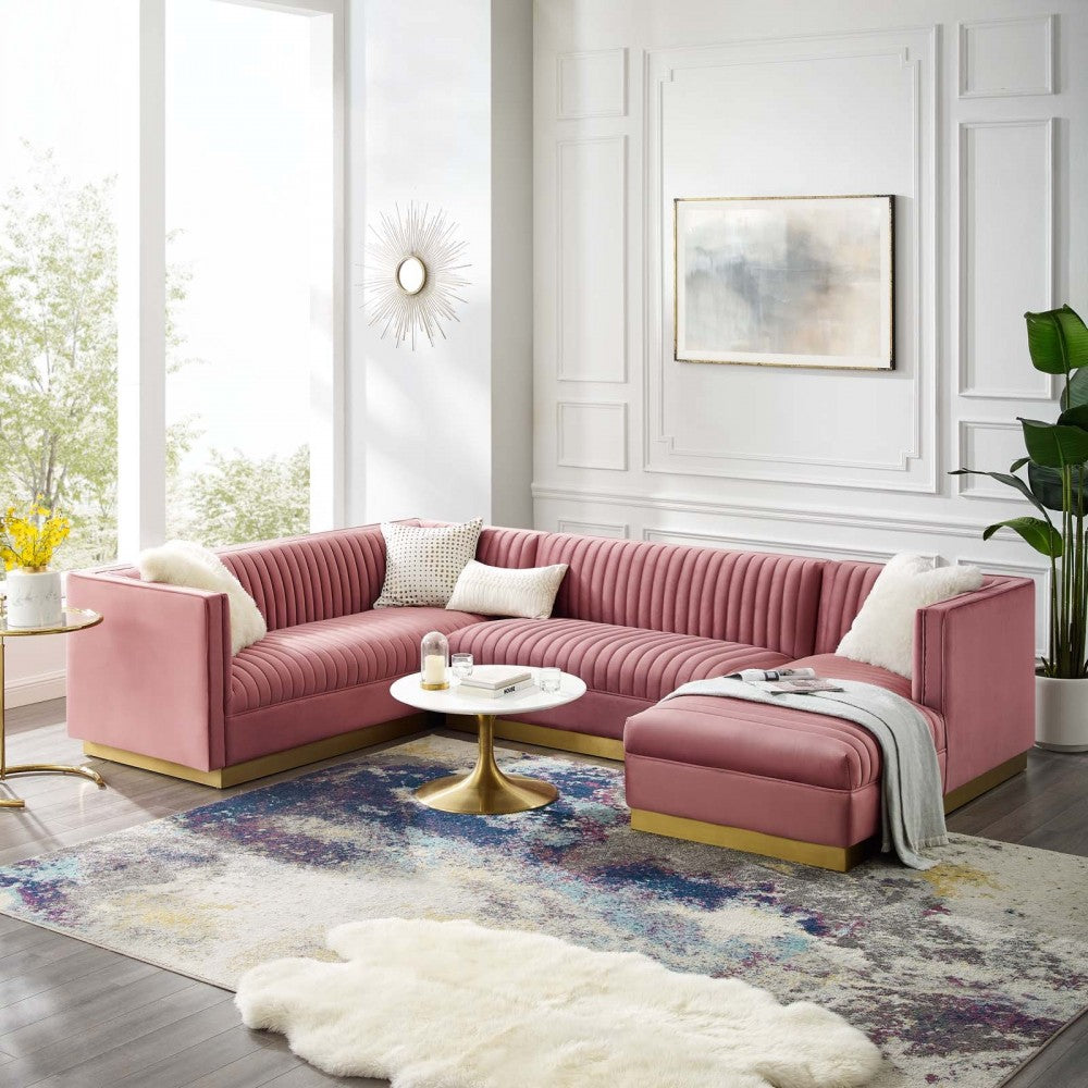 Sanguine 3 Piece Performance Velvet Sectional Sofa Set, Dusty Rose