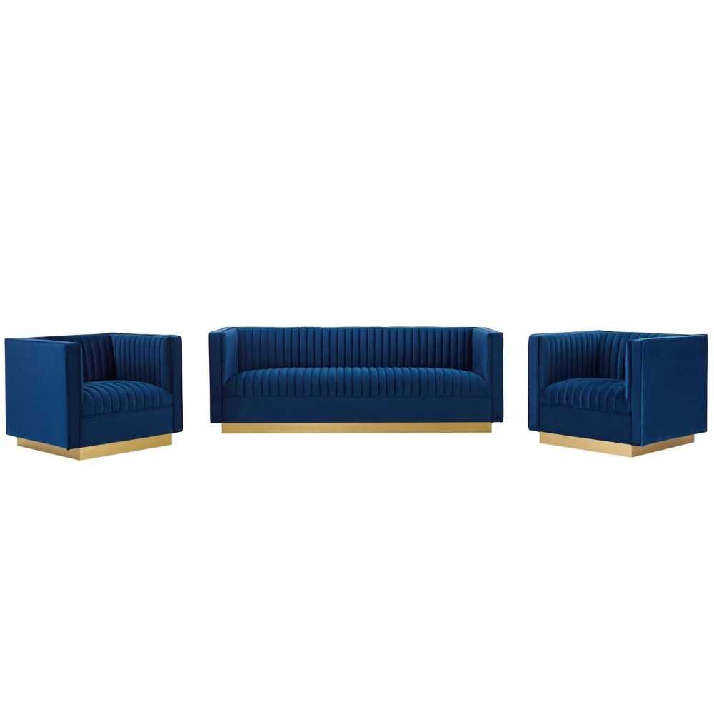 Sanguine 3 Piece Vertical Channel Tufted Upholstered Performance Velvet Set, Navy