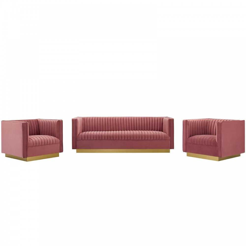 Sanguine 3 Piece Vertical Channel Tufted Upholstered Performance Velvet Set, Dusty Rose