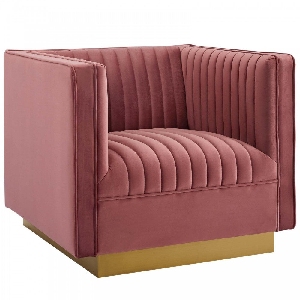 Sanguine 3 Piece Vertical Channel Tufted Upholstered Performance Velvet Set, Dusty Rose