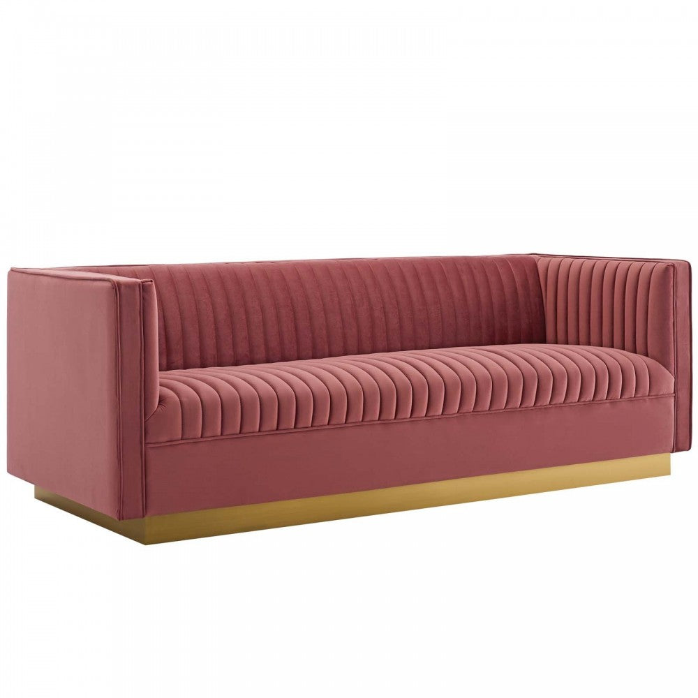 Sanguine 3 Piece Vertical Channel Tufted Upholstered Performance Velvet Set, Dusty Rose