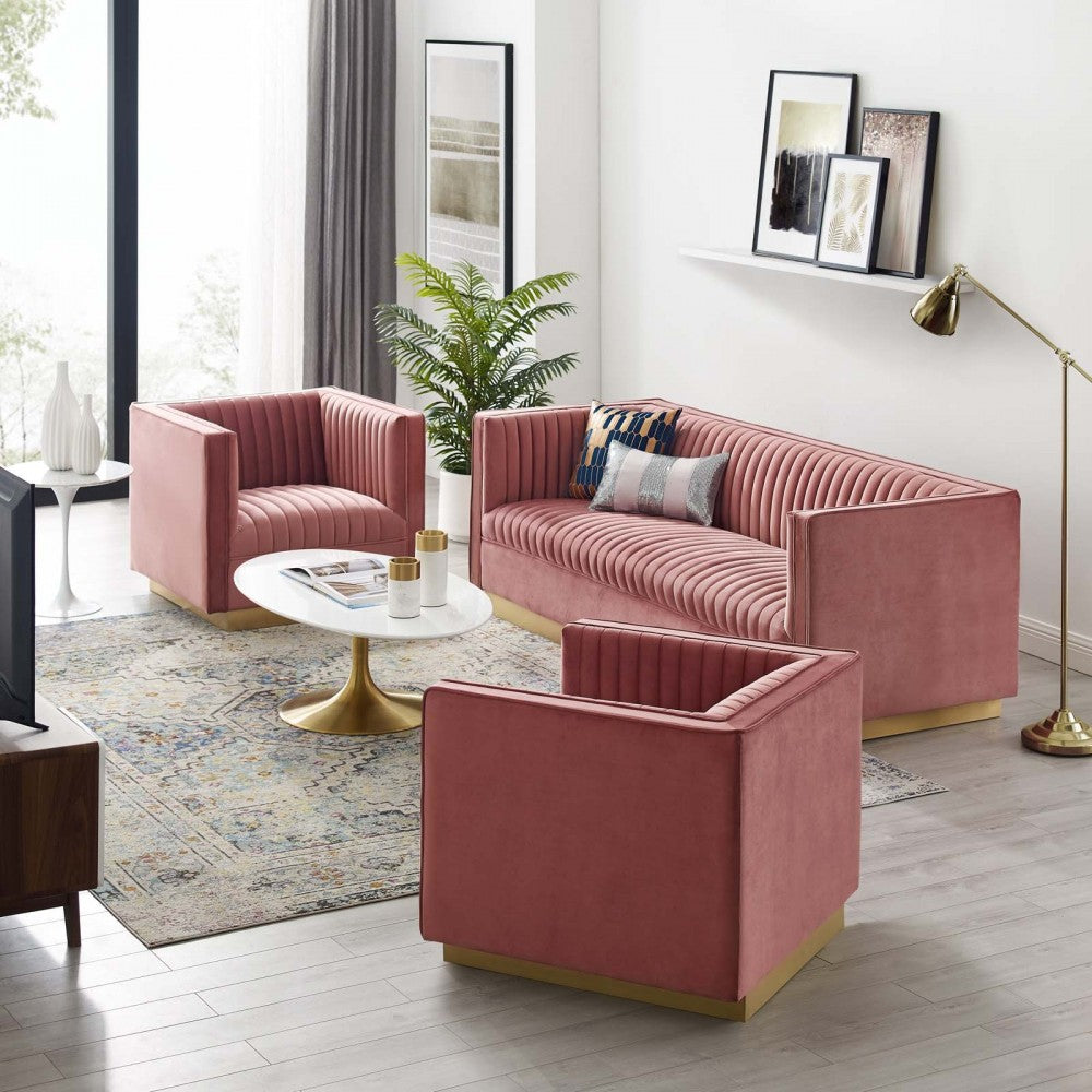 Sanguine 3 Piece Vertical Channel Tufted Upholstered Performance Velvet Set, Dusty Rose