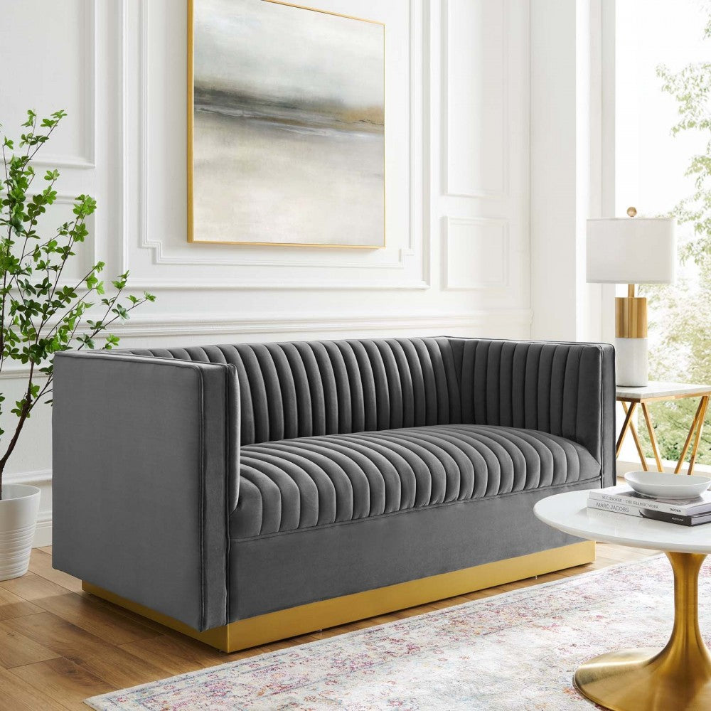 Sanguine Vertical Channel Tufted Performance Velvet Loveseat, Gray