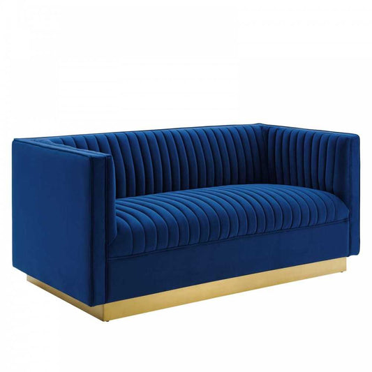 Sanguine Vertical Channel Tufted Performance Velvet Loveseat, Navy