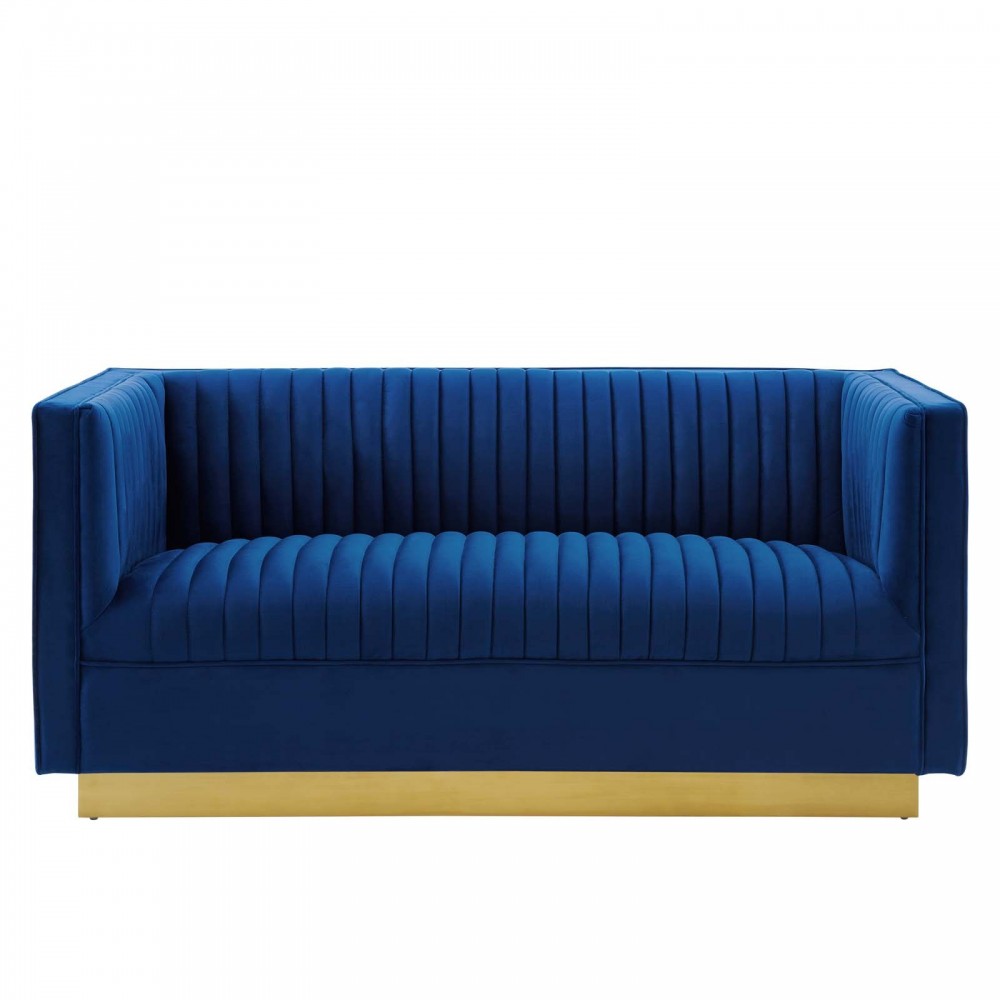 Sanguine Vertical Channel Tufted Performance Velvet Loveseat, Navy