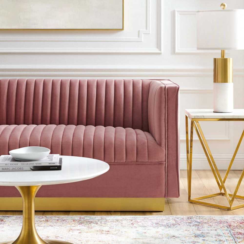 Sanguine Vertical Channel Tufted Performance Velvet Loveseat, Dusty Rose