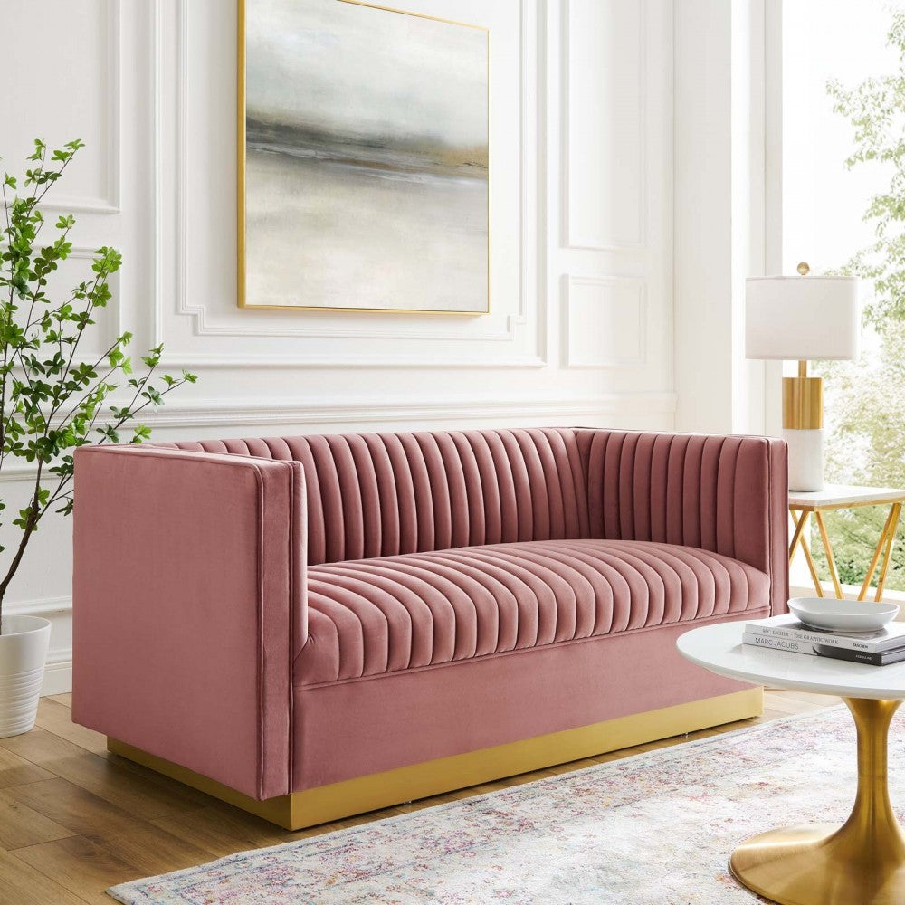 Sanguine Vertical Channel Tufted Performance Velvet Loveseat, Dusty Rose