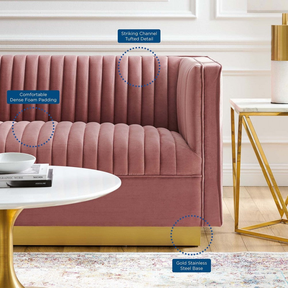 Sanguine Vertical Channel Tufted Performance Velvet Loveseat, Dusty Rose
