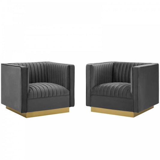 Sanguine Vertical Channel Tufted Upholstered Performance Velvet Armchair Set of 2, Gray