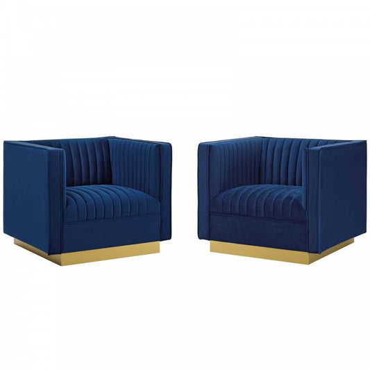 Sanguine Vertical Channel Tufted Upholstered Performance Velvet Armchair Set of 2, Navy