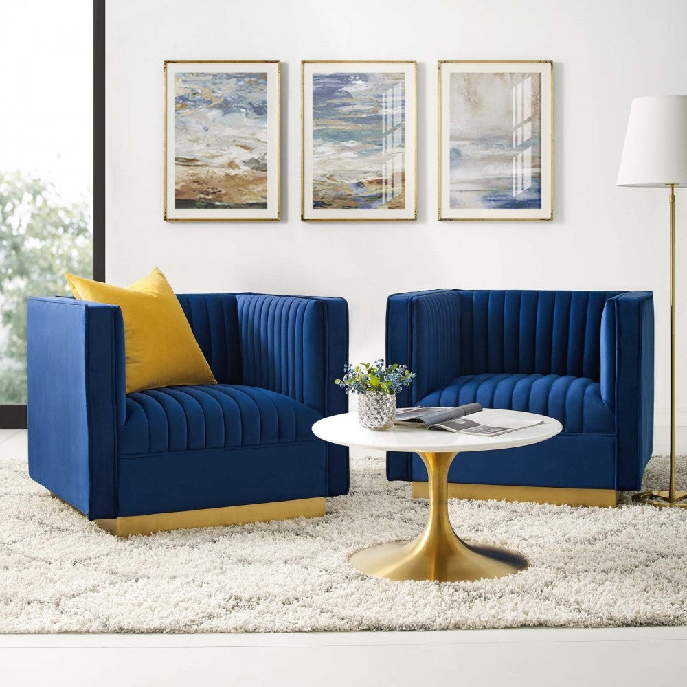 Sanguine Vertical Channel Tufted Upholstered Performance Velvet Armchair Set of 2, Navy