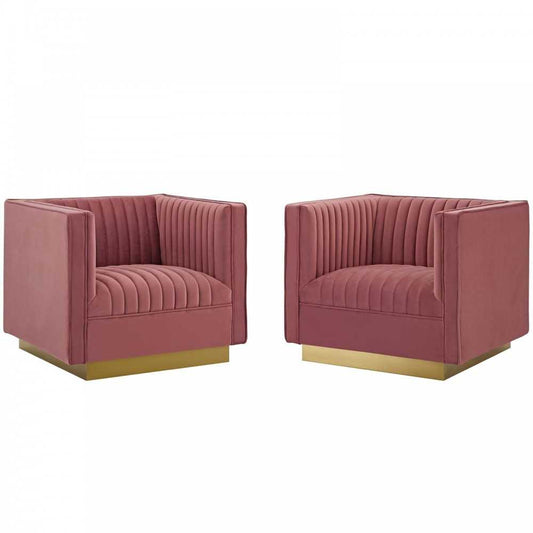 Sanguine Vertical Channel Tufted Upholstered Performance Velvet Armchair Set of 2, Dusty Rose