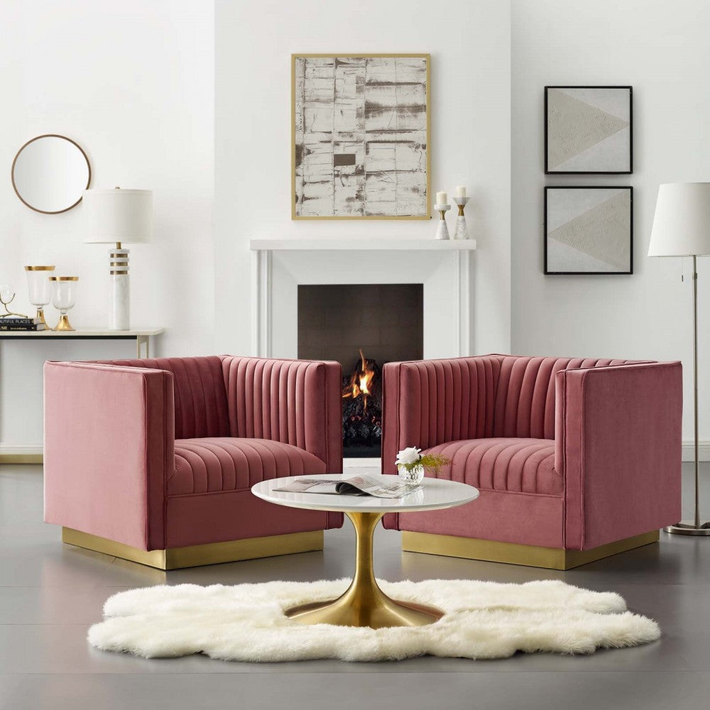 Sanguine Vertical Channel Tufted Upholstered Performance Velvet Armchair Set of 2, Dusty Rose