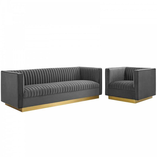 Sanguine Vertical Channel Tufted Upholstered Performance Velvet Sofa and Armchair Set, Gray