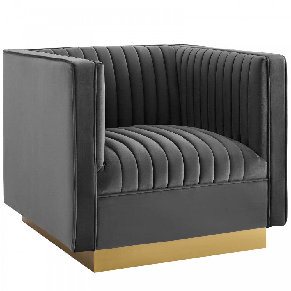 Sanguine Vertical Channel Tufted Upholstered Performance Velvet Sofa and Armchair Set, Gray