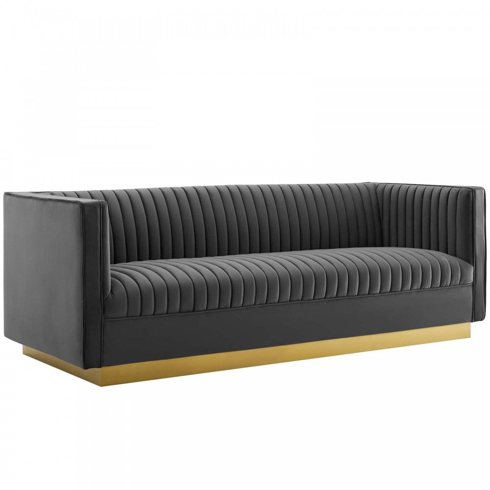 Sanguine Vertical Channel Tufted Upholstered Performance Velvet Sofa and Armchair Set, Gray
