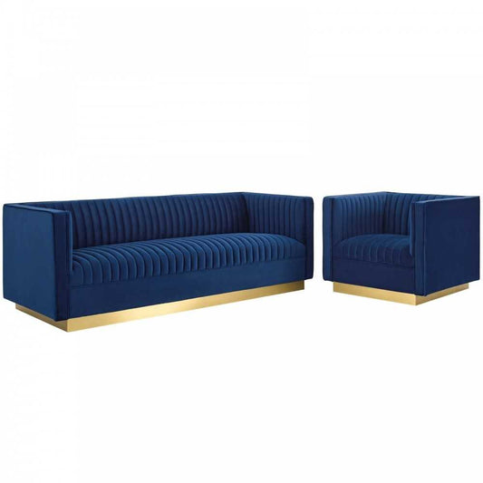 Sanguine Vertical Channel Tufted Upholstered Performance Velvet Sofa and Armchair Set, Navy