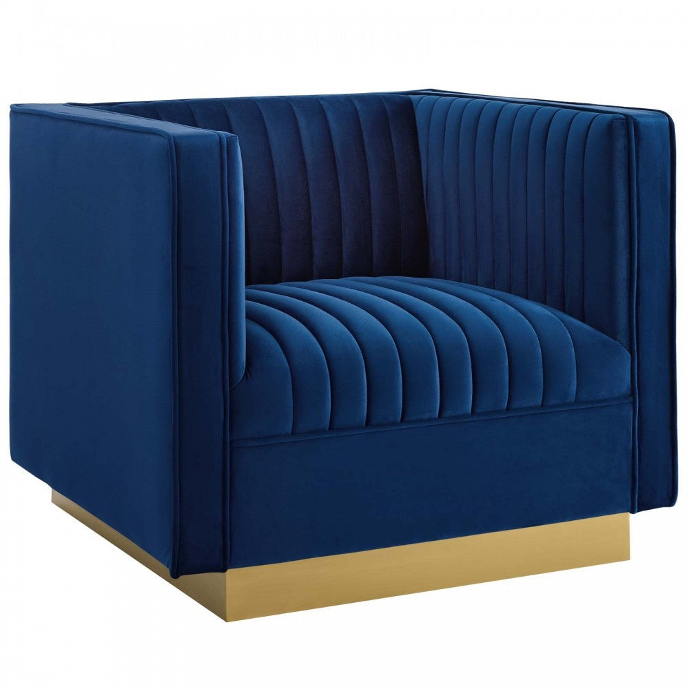 Sanguine Vertical Channel Tufted Upholstered Performance Velvet Sofa and Armchair Set, Navy