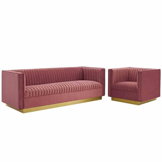 Sanguine Vertical Channel Tufted Upholstered Performance Velvet Sofa and Armchair Set, Dusty Rose