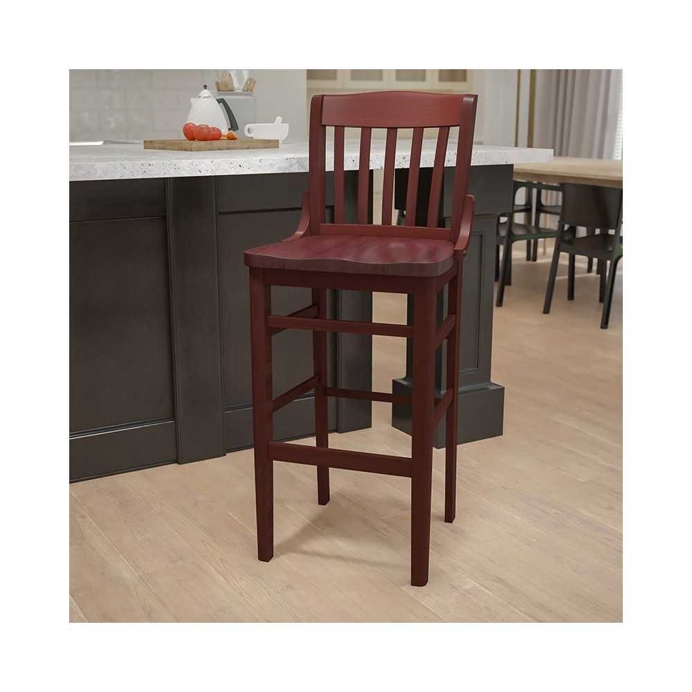 School House Back Mahogany Wood Restaurant Barstool