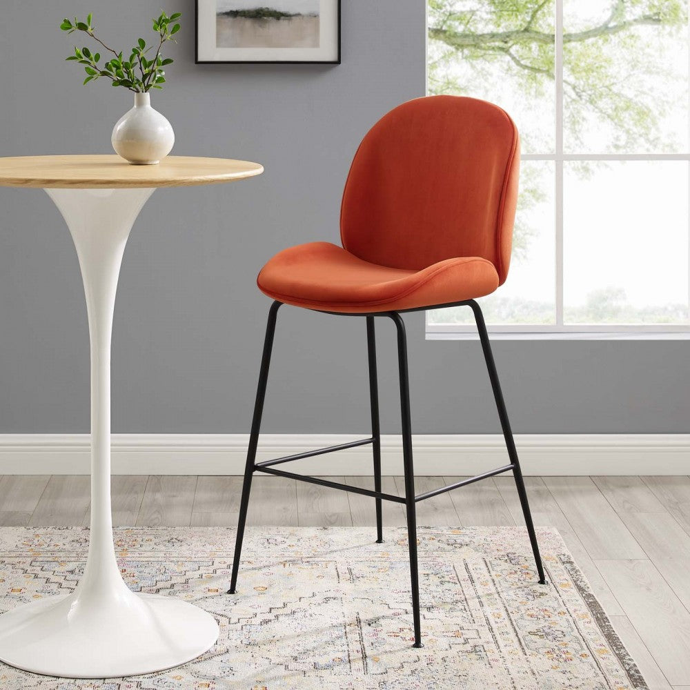 Scoop Black Powder Coated Steel Leg Performance Velvet Bar Stool, Orange