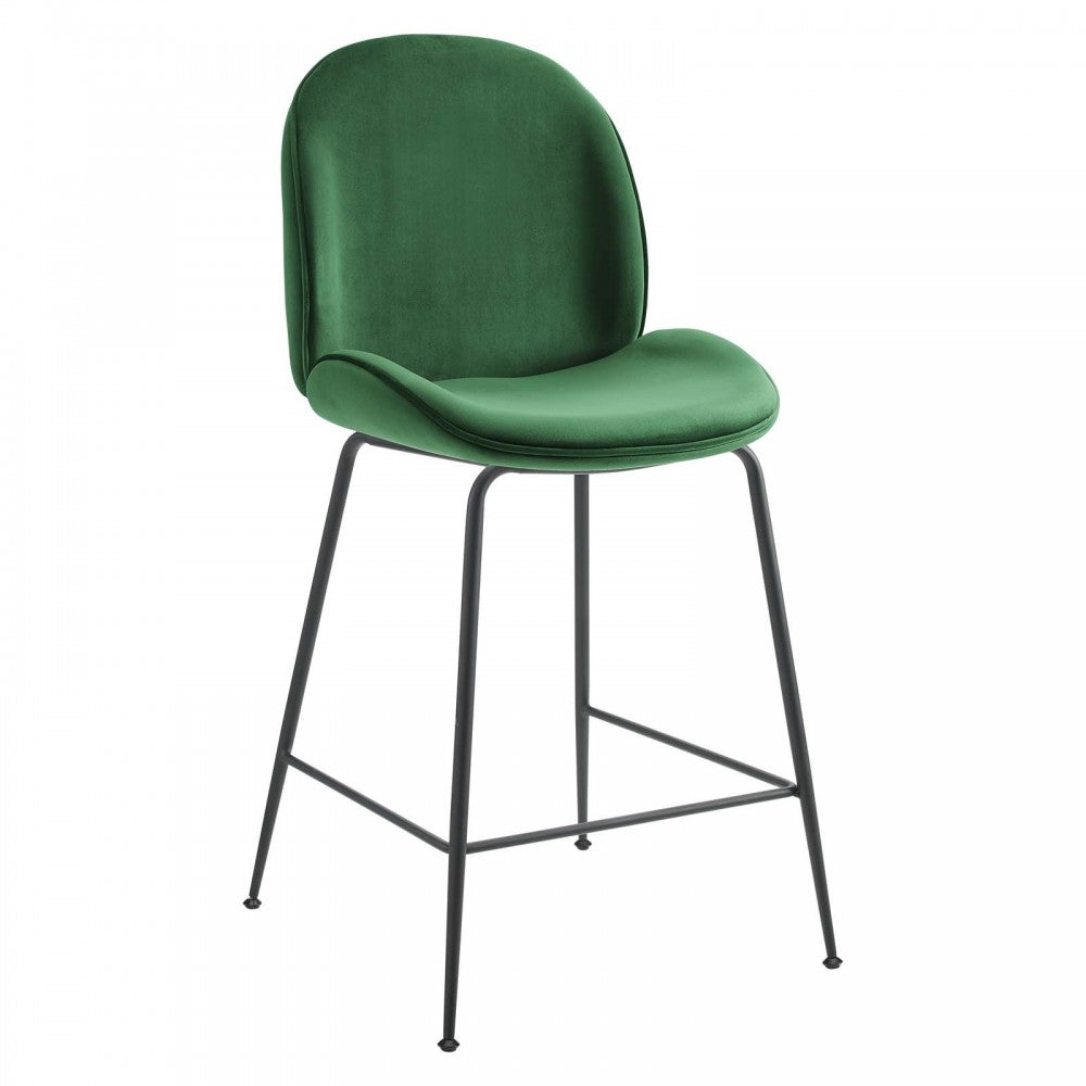 Scoop Black Powder Coated Steel Leg Performance Velvet Counter Stool, Emerald