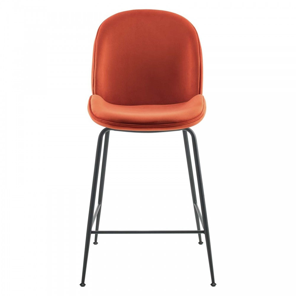 Scoop Black Powder Coated Steel Leg Performance Velvet Counter Stool, Orange