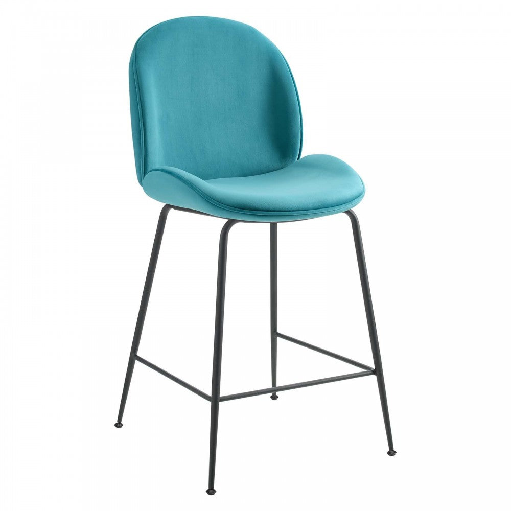 Scoop Black Powder Coated Steel Leg Performance Velvet Counter Stool, Blue