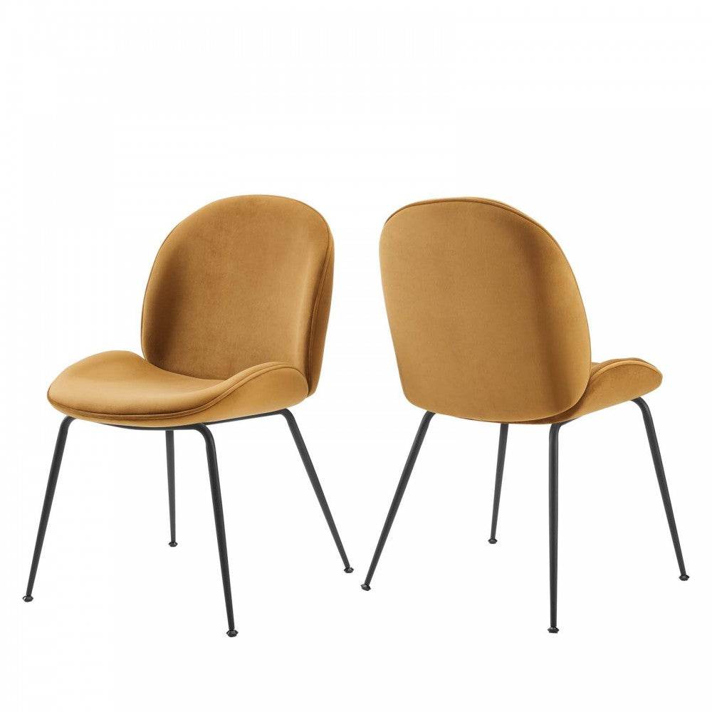 Scoop Black Powder Coated Steel Leg Performance Velvet Dining Chairs - Set of 2, Cognac