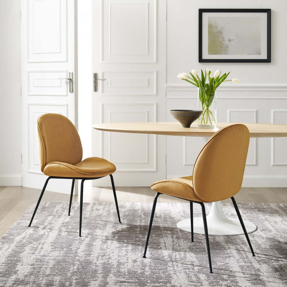 Scoop Black Powder Coated Steel Leg Performance Velvet Dining Chairs - Set of 2, Cognac