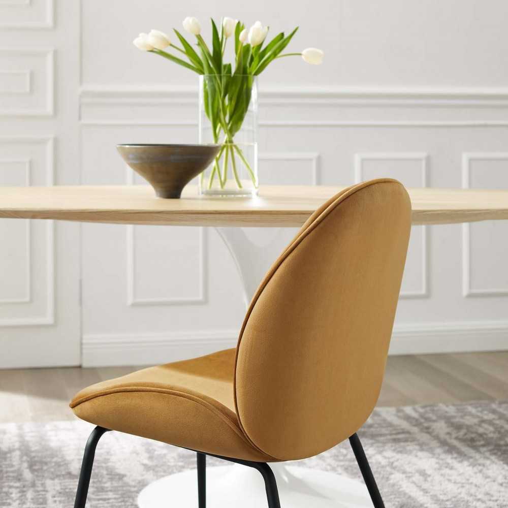 Scoop Black Powder Coated Steel Leg Performance Velvet Dining Chairs - Set of 2, Cognac