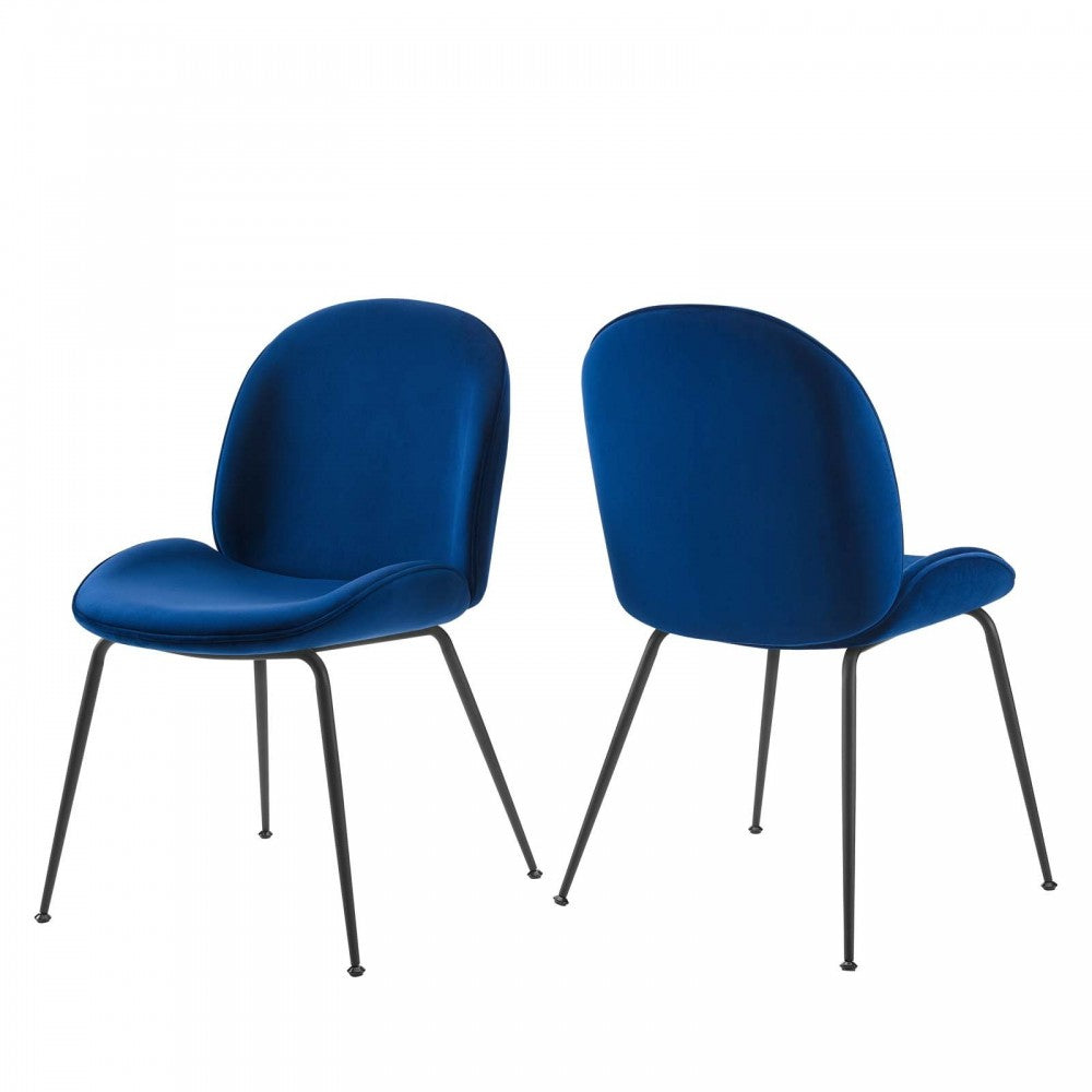 Scoop Black Powder Coated Steel Leg Performance Velvet Dining Chairs - Set of 2, Navy