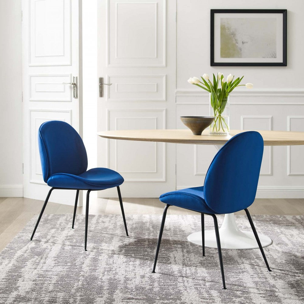 Scoop Black Powder Coated Steel Leg Performance Velvet Dining Chairs - Set of 2, Navy