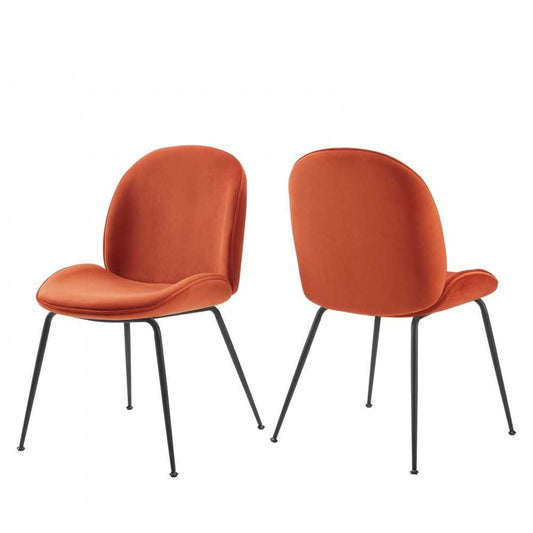 Scoop Black Powder Coated Steel Leg Performance Velvet Dining Chairs - Set of 2, Orange