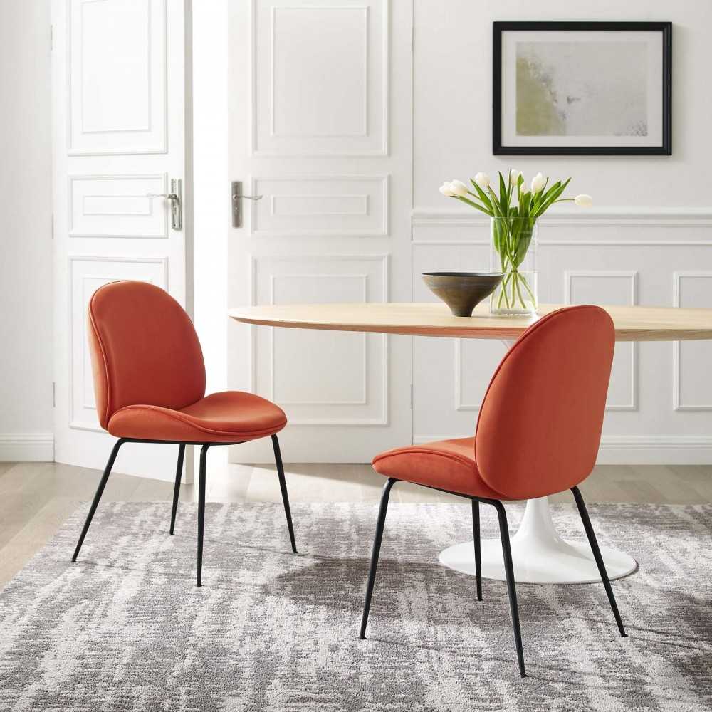 Scoop Black Powder Coated Steel Leg Performance Velvet Dining Chairs - Set of 2, Orange