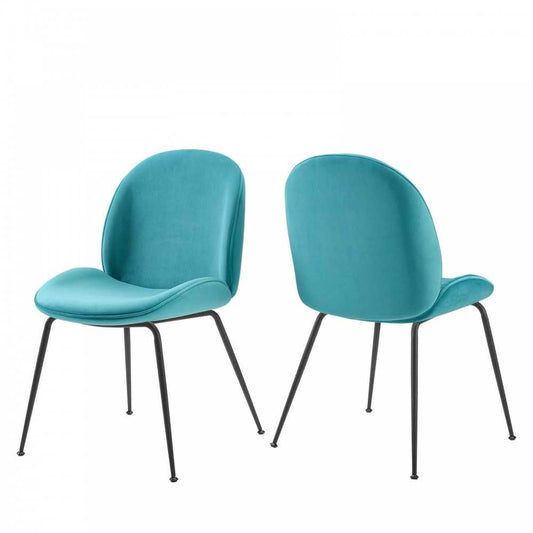 Scoop Black Powder Coated Steel Leg Performance Velvet Dining Chairs - Set of 2, Blue