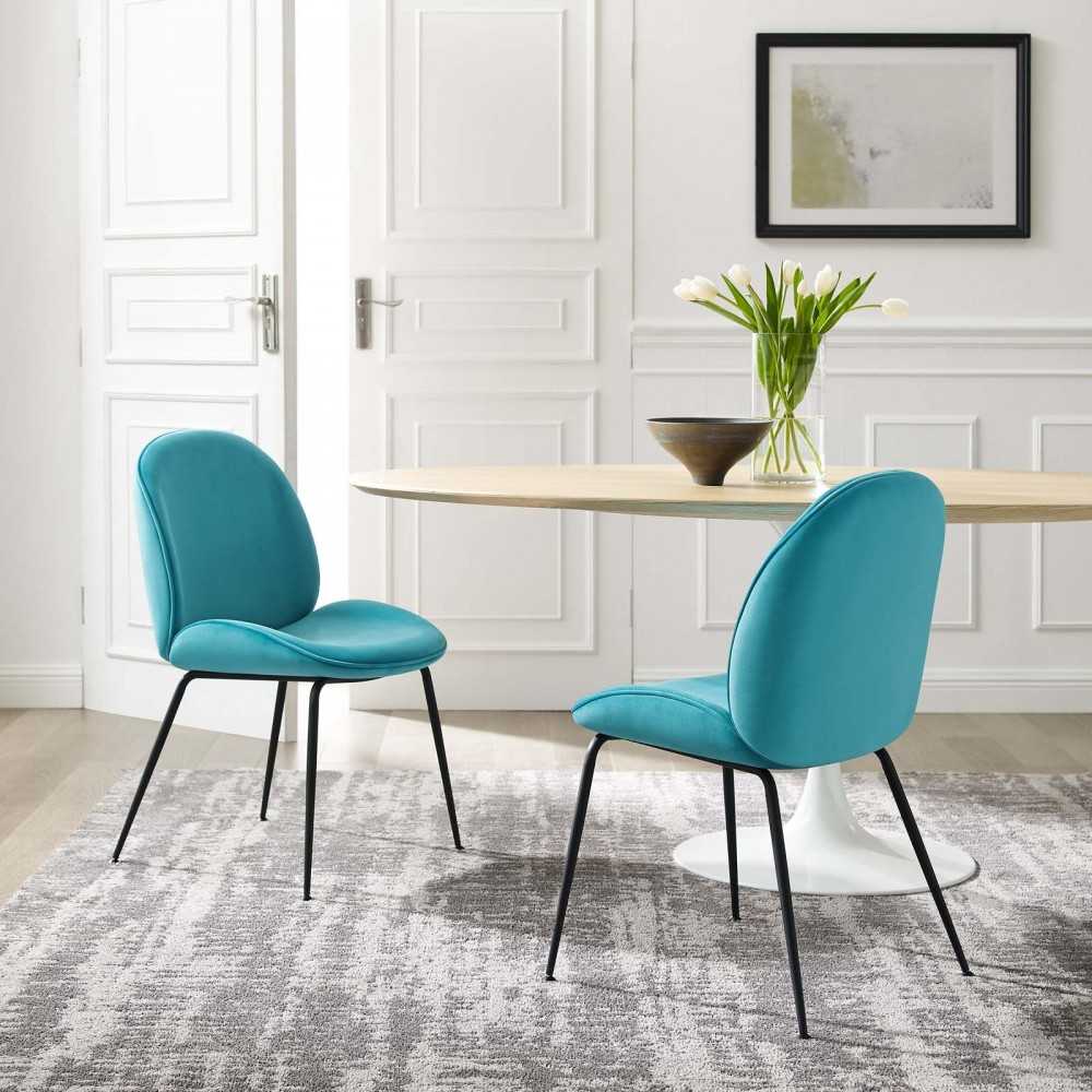 Scoop Black Powder Coated Steel Leg Performance Velvet Dining Chairs - Set of 2, Blue