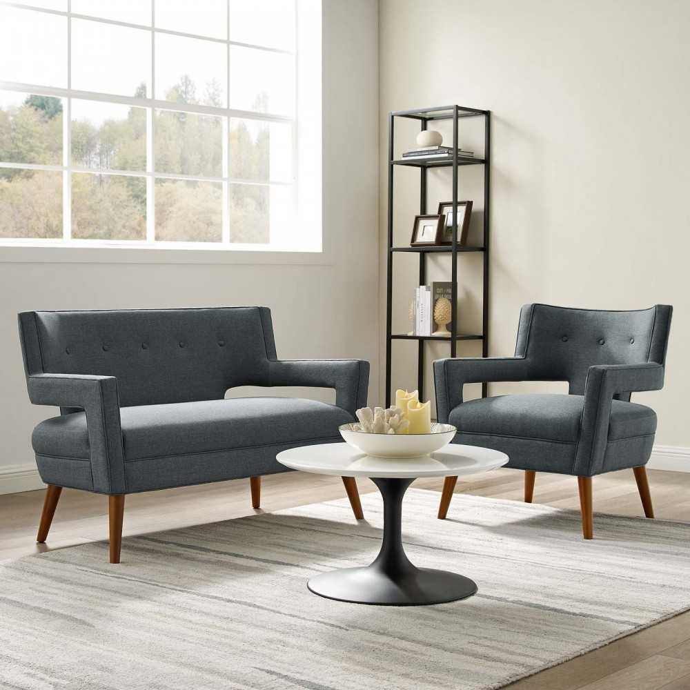 Sheer Upholstered Fabric Loveseat and Armchair Set, Gray