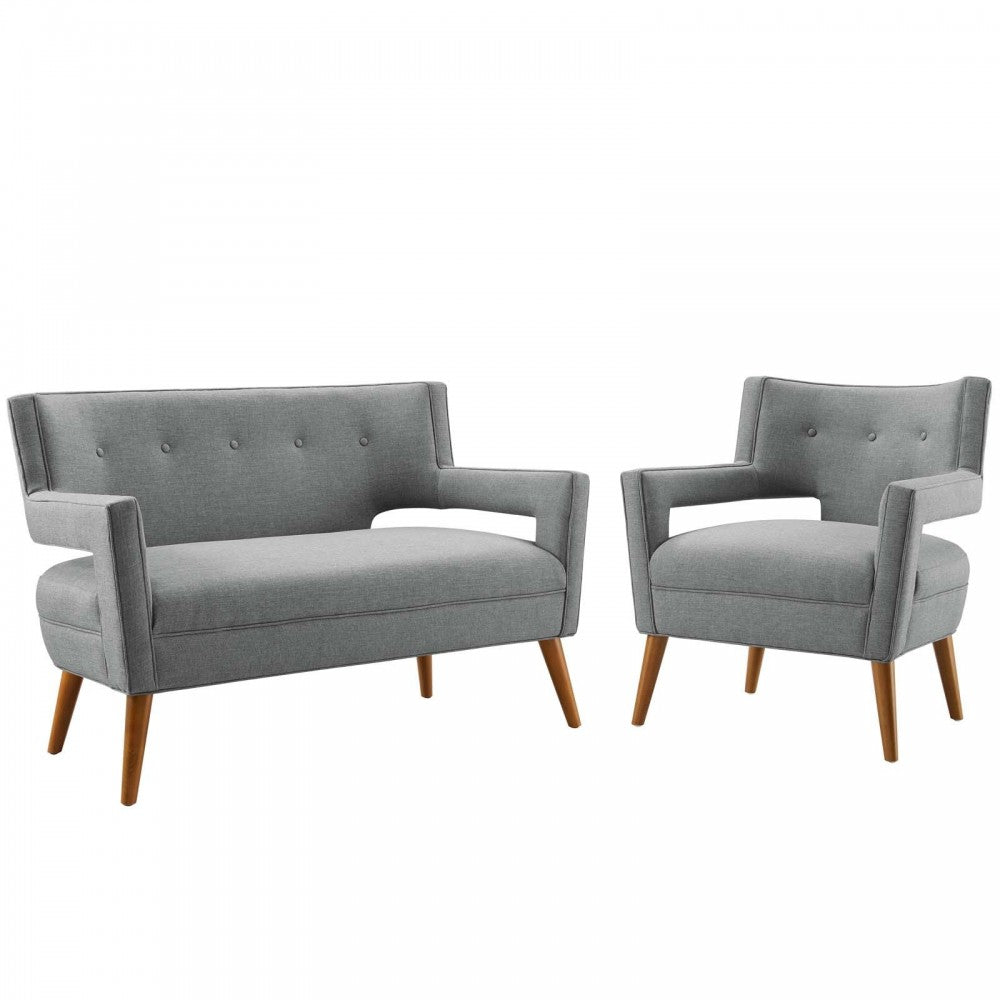 Sheer Upholstered Fabric Loveseat and Armchair Set, Light Gray
