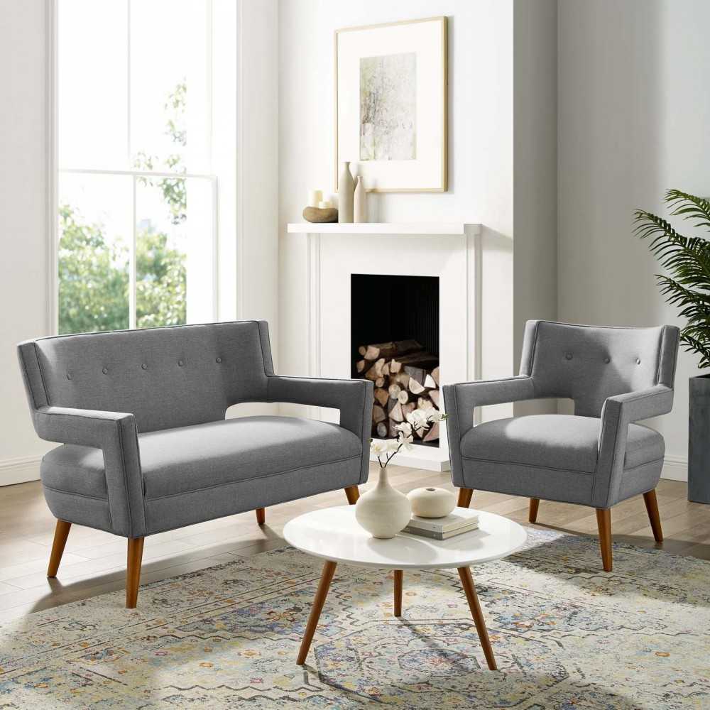 Sheer Upholstered Fabric Loveseat and Armchair Set, Light Gray