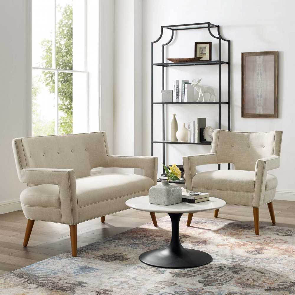 Sheer Upholstered Fabric Loveseat and Armchair Set, Sand