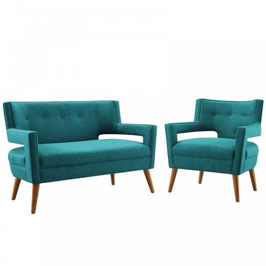 Sheer Upholstered Fabric Loveseat and Armchair Set, Teal