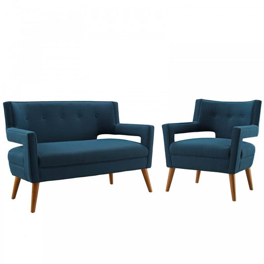 Sheer Upholstered Fabric Loveseat and Armchair Set, Azure