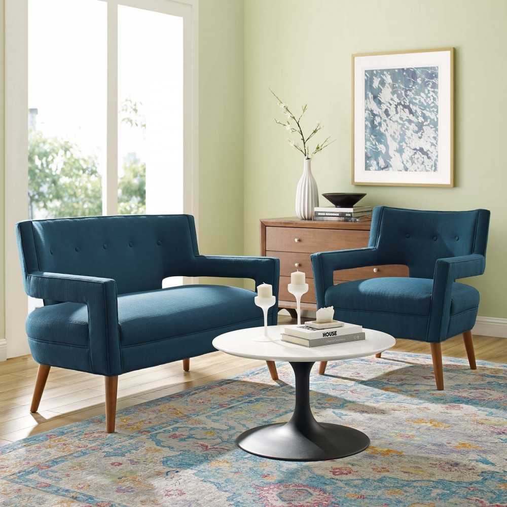 Sheer Upholstered Fabric Loveseat and Armchair Set, Azure