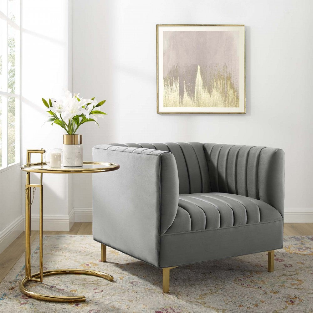 Shift Channel Tufted Performance Velvet Armchair, Gray
