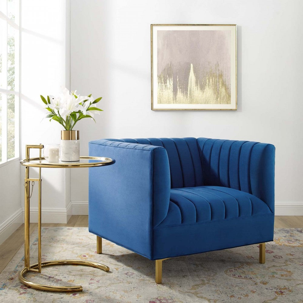 Shift Channel Tufted Performance Velvet Armchair, Navy